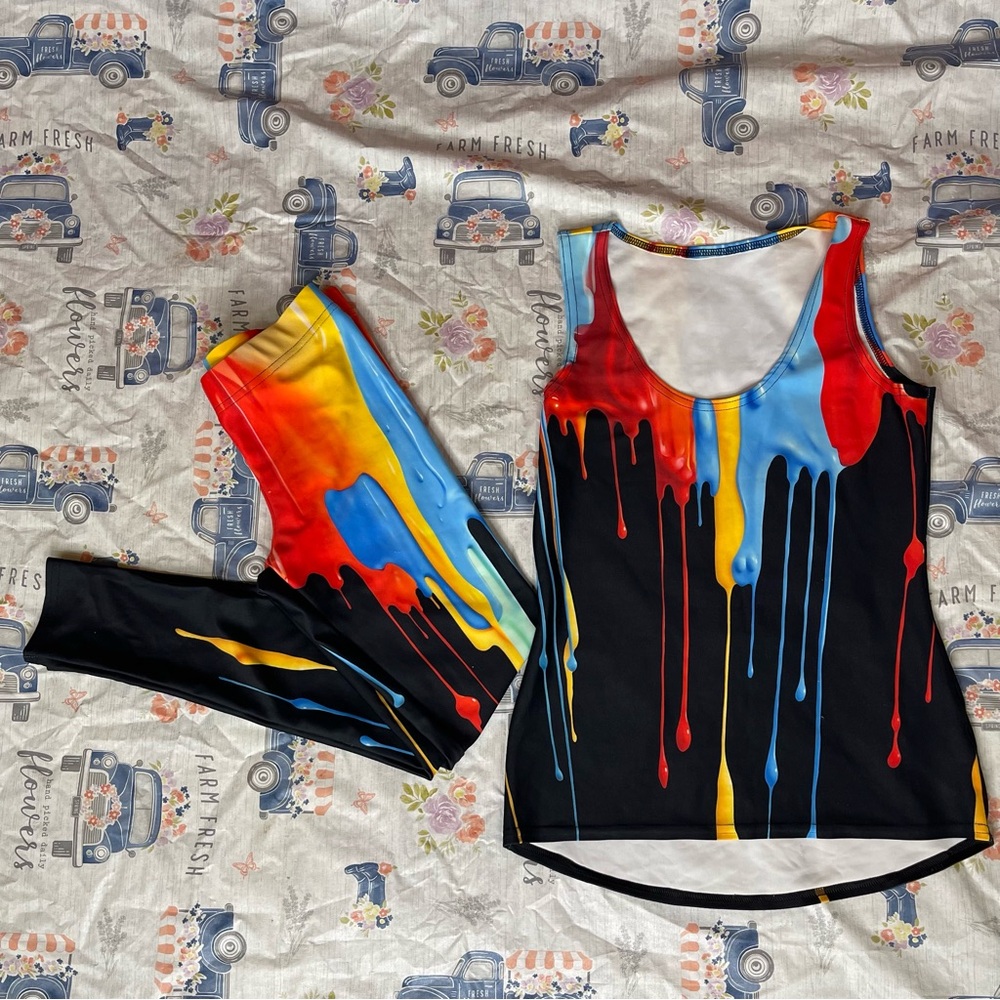 Fierce Pulse Color Drip Paint Splash Tank & Legging Set – Medium (NWOT)